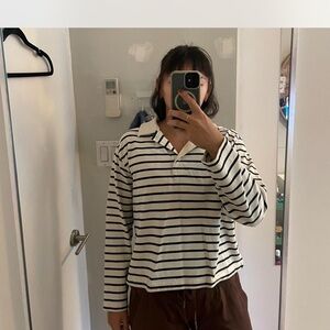 COS Navy and Cream Striped Polo